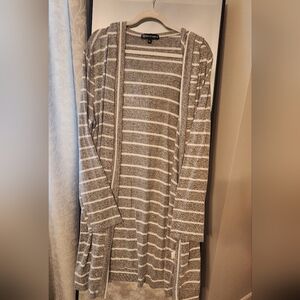Gray Striped Knee Length Hooded Sweater Cardigan